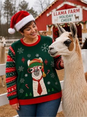 Tacky Ugly Christmas Sweater Llama Wearing Hat Glasses Necktie Unisex Sz XXL